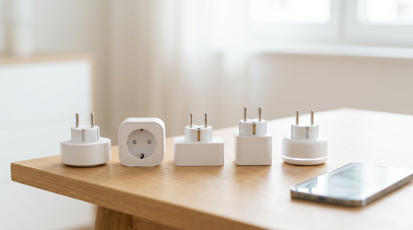 Cinq prises connectées blanches neuves de designs différents avec un smartphone