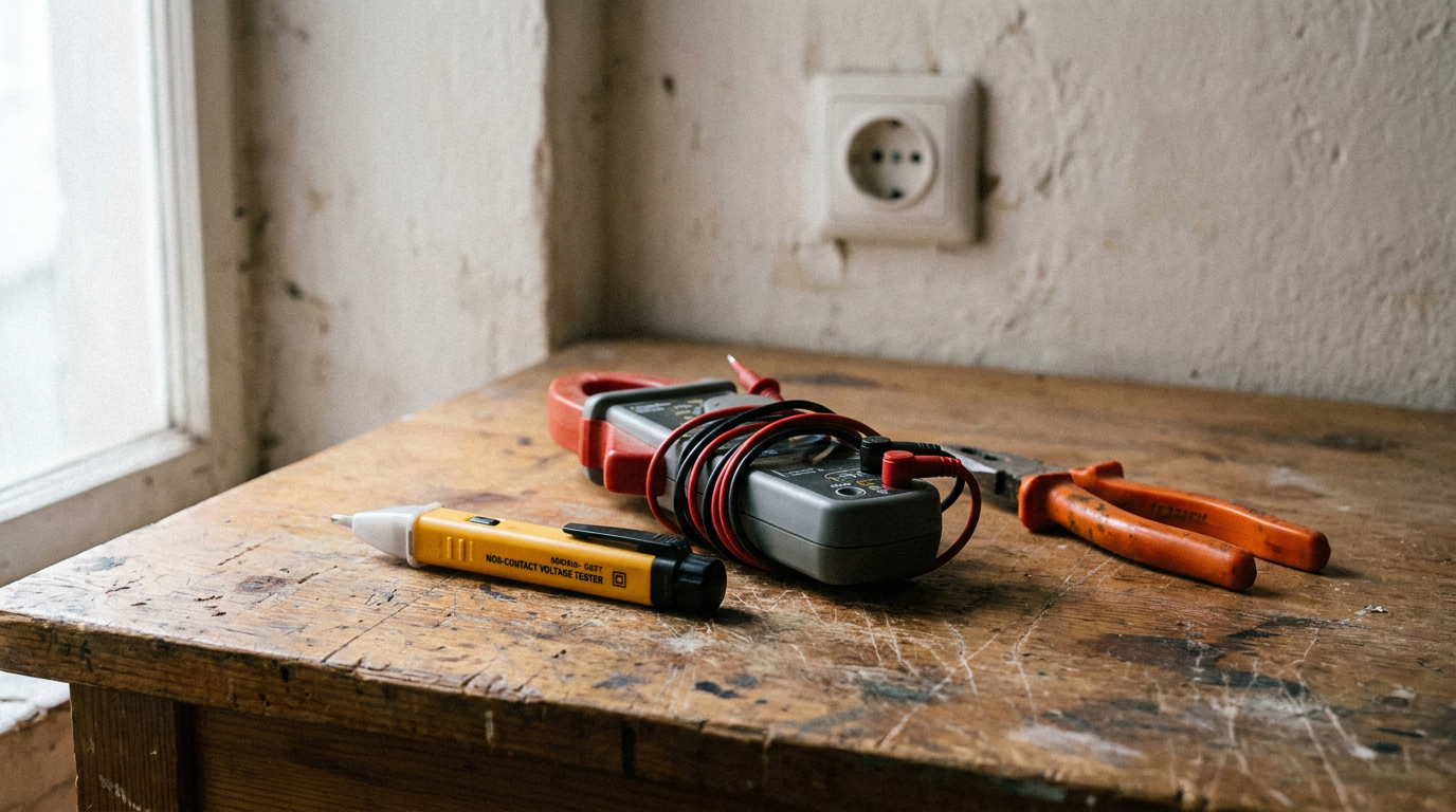Détecteur de tension, pince ampèremétrique et outils