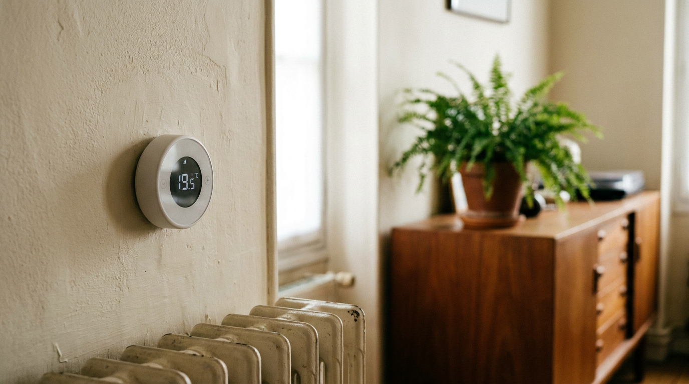 Thermostat connecté mural au-dessus d'un radiateur